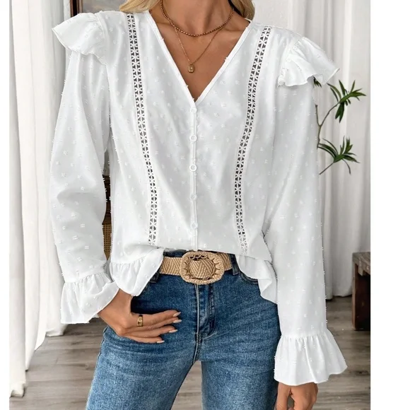 Classic Polka Dot V neck Button Detail Ruffle Hem Long sleeve Blouse